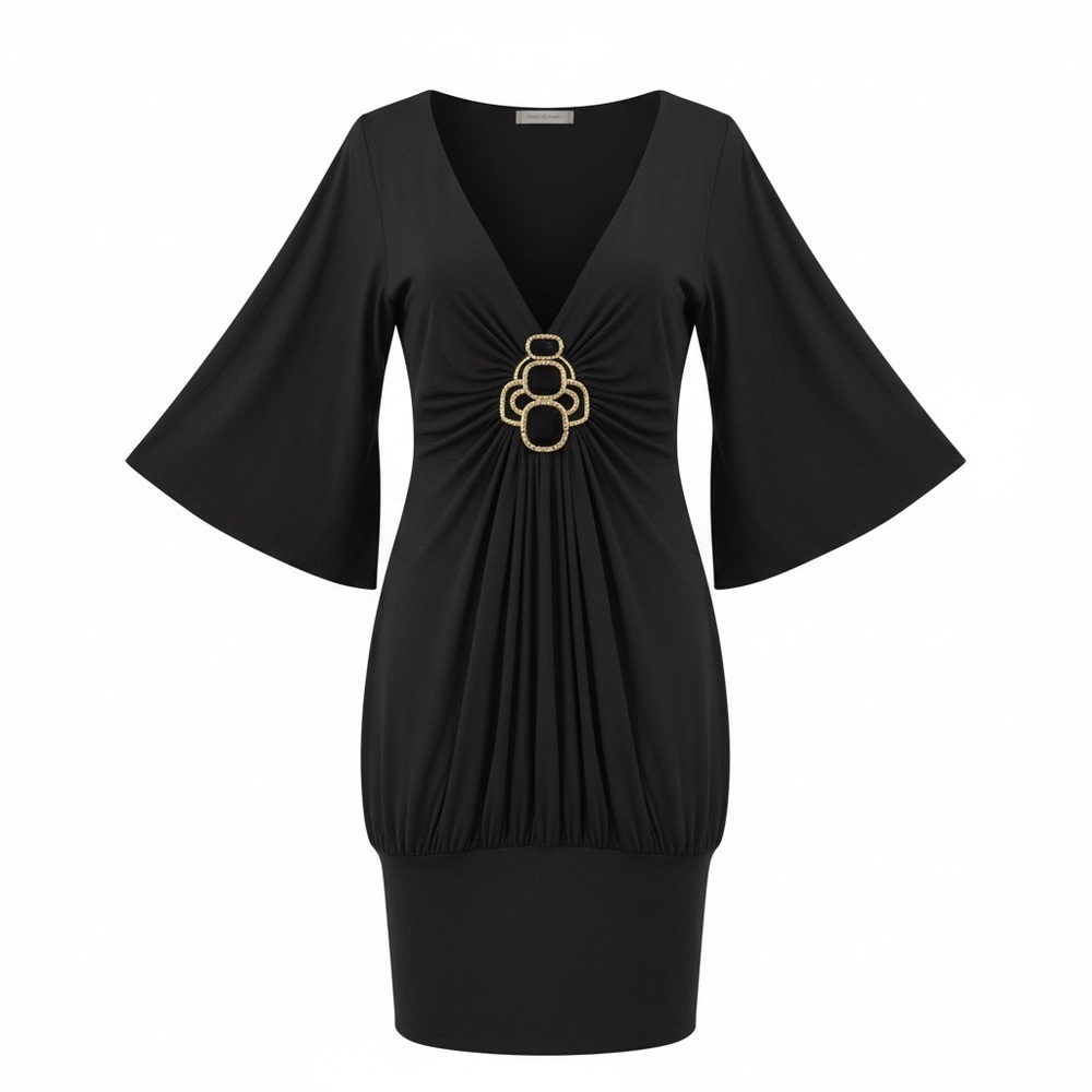 VTG Jagger Black Dress Gold/Onxy Glass Embellish Belle Sleeve Bodycon Club Wear